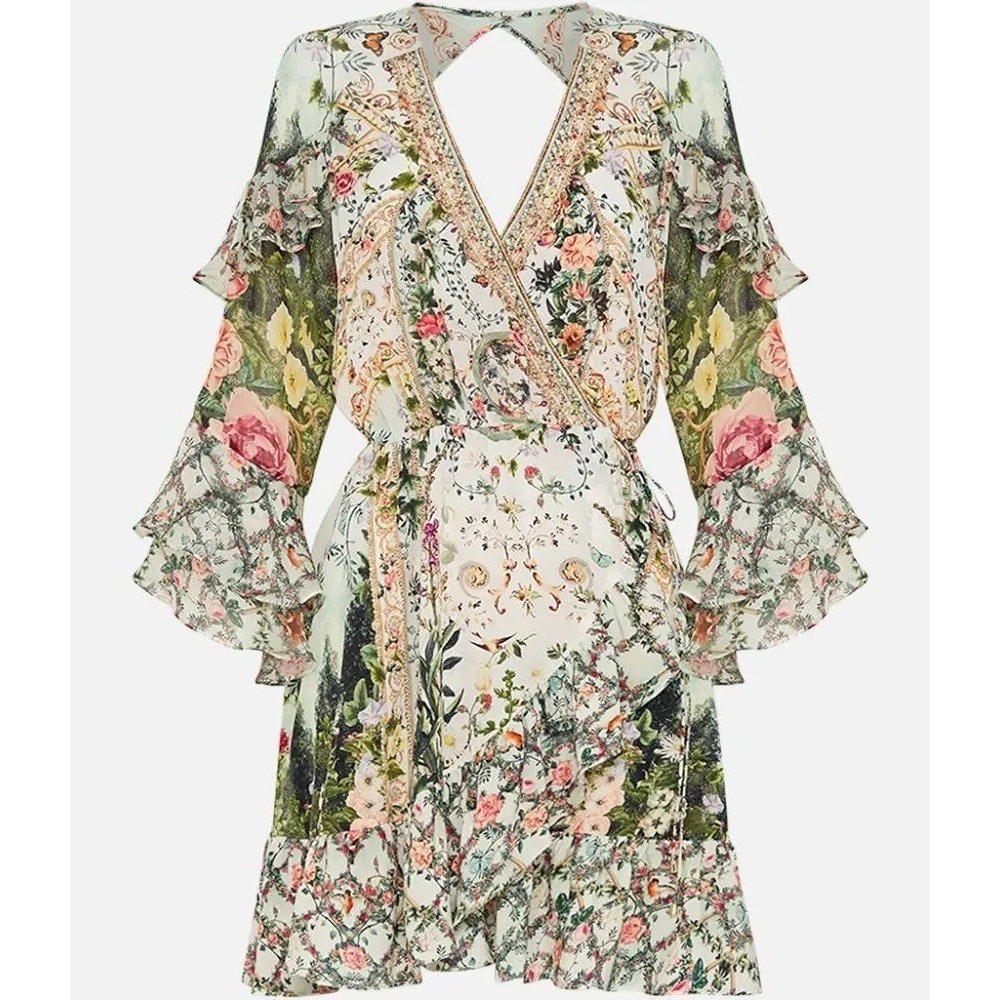 CAMILLA Renaissance Romance Embellished 100% Silk Wrap Mini Dress NWT L - Picture 14 of 14
